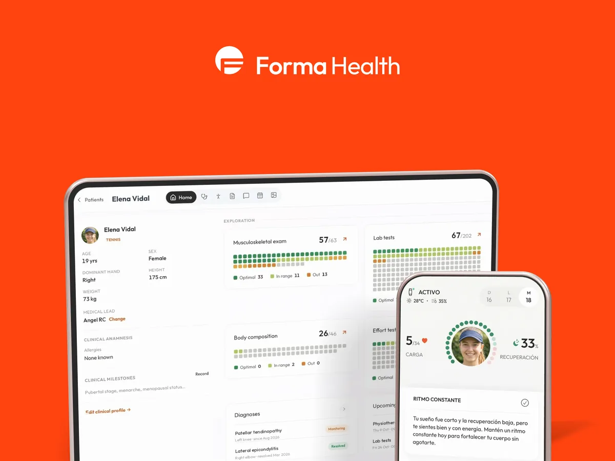 The Forma Health brand above the panel on the iPad and the app on the iPhone, over Forma orange