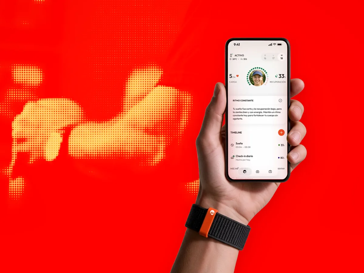 A hand wearing the Forma band, with the app home screen on the phone, over the orange halftone